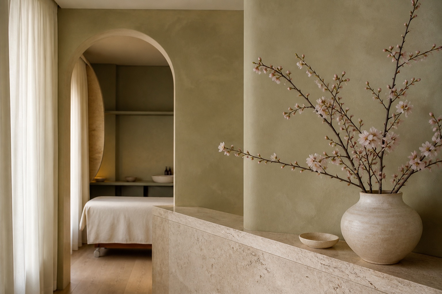 Ambiente sereno inspirado na Blossom Clinic, com materiais naturais e flores delicadas